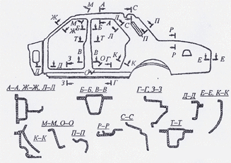 Схема нахлесточных соединений боковины кузова легкового автомобиля